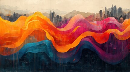 Abstract painting of colorful waves over a cityscape, symbolizing growth and progress.