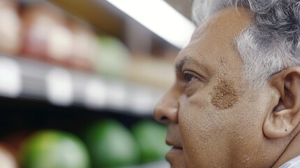 Wall Mural - Indian senior retired serious man in supermarket looking on prices. Poor sections of society lower class. Crisis and price increase concept. Impact of price hike, cost of living, inflation 