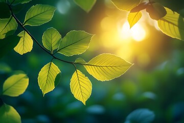 Wall Mural - Sunlight shining through green leaves of a tree branch in a forest. Beautiful nature background for spring or summer design.