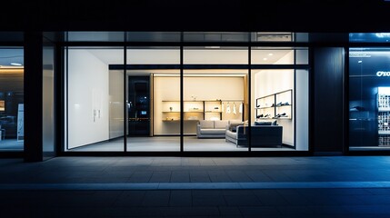 Canvas Print - Illuminated modern storefront with cozy ambiance at dusk  