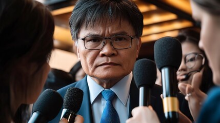 Poster - Economist discussing inflation crisis with reporters in a press conference serious expressions  