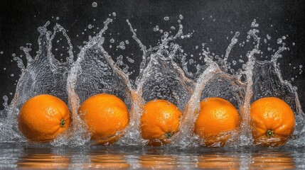 A group of bright oranges splashing into clear water, droplets scattering around, highlighting the fruit juicy and refreshing appeal.