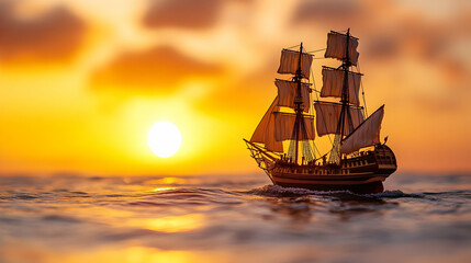 Wall Mural - Sailing Ship at Sunset on the Ocean