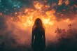 © atar - Silhouette of woman looking up at fiery, apocalyptic sky. Dramatic and surreal