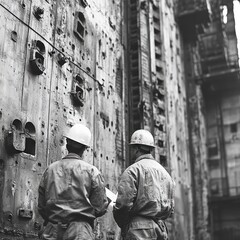 Two construction workers wearing hard hats stand in front of a large industrial building, facing away from the camera.