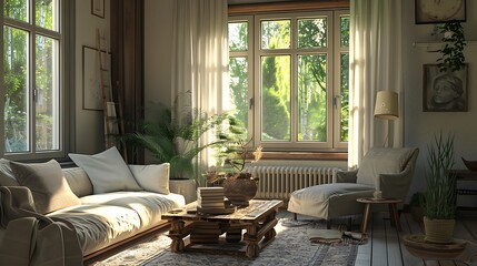 Wall Mural - A cozy living room with soft neutral tones, a comfortable armchair by the window, and a rustic wooden coffee table