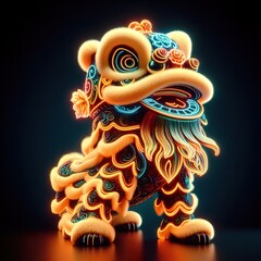 Wall Mural - A beautiful chinese lion dancing is depicted on a black background, rendered in 3D with neon lights