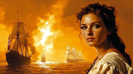 Wall Mural - Woman Gazes at Ships Sailing into Sunset