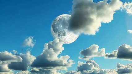Wall Mural - a full moon shines brightly in a blue sky, partially obscured by fluffy clouds