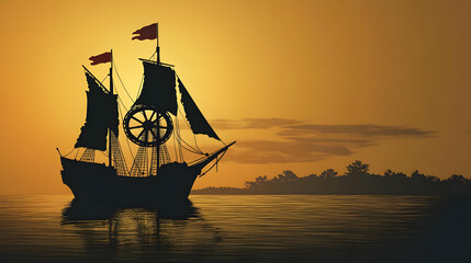 Wall Mural - Sailing Ship at Sunset with Golden Sky