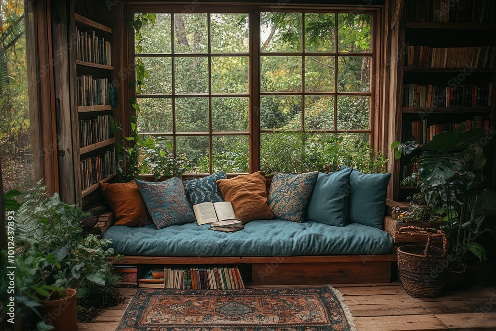 Cozy reading nook with a window overlooking a lush green forest, a ...