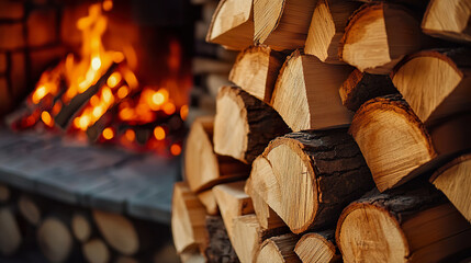 Firewood is neatly stacked beside glowing fireplace, ready for comforting fire