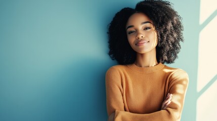 Canvas Print - Portrait of a Young Woman with Curly Hair Wearing a Knitted Sweater