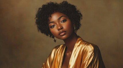 Canvas Print - Portrait of a Woman with Curly Hair Wearing a Gold Satin Robe