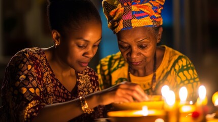 Two Women Gaze Down at a Table Lit by Candlelight