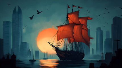 Wall Mural - Sailing into the Sunset with City Skyline