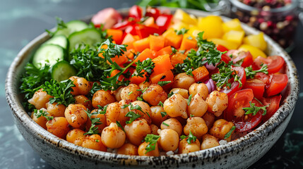 Mediterranean chickpea salad with fresh vegetables and herbs