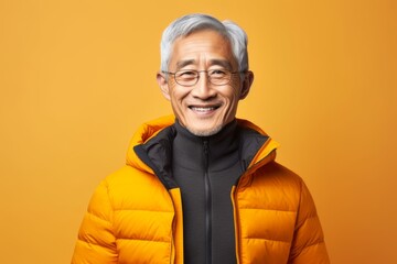 Wall Mural - Portrait of happy senior Asian man in yellow jacket and eyeglasses