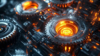 Close up of glowing metallic gears in a complex machine.