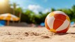 © Design Depot - A colorful beach ball features dominant orange segments, situated on a sandy beach under a sunny blue sky, representing leisure, play, and summery vibes.