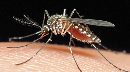Macro image of a mosquito with a red abdomen, perched on an arm, ready to fly off, wings and legs sharp in focus.