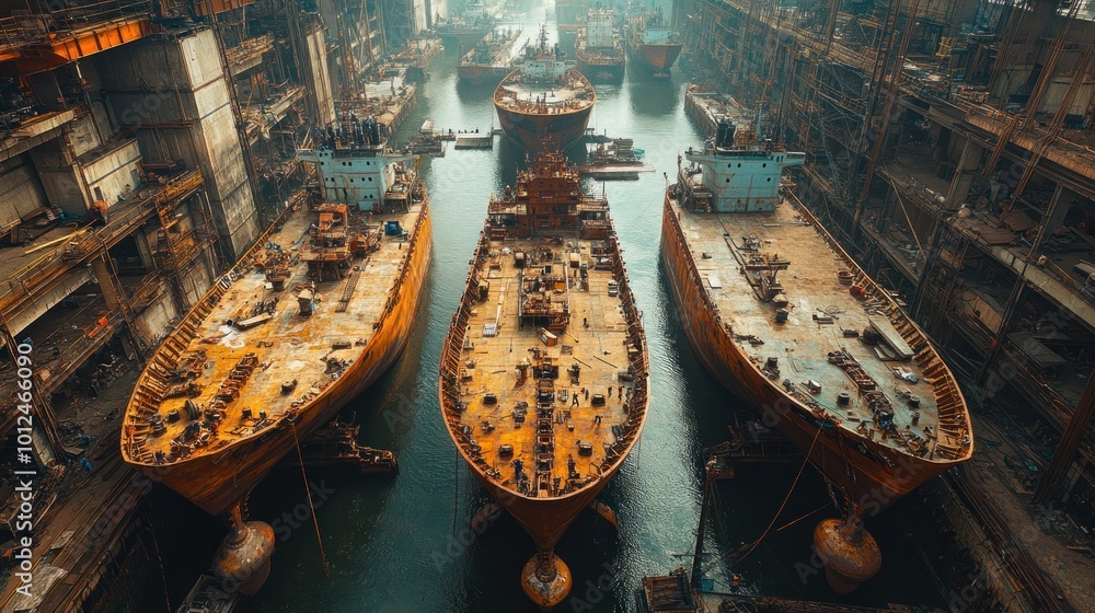 Three large ships in a dry dock, undergoing maintenance and repairs ...