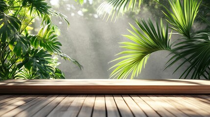 3D render empty fine teak wood table with clear mirror effect reeded glass shower screen and tropical green fan palm plants under sunlight in background for natural products display backdrop