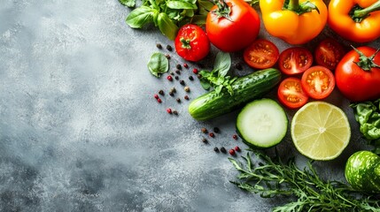 Canvas Print - Fresh vegetables, including tomatoes, cucumbers, bell peppers, lime, basil, and peppercorns, arranged on a gray background.