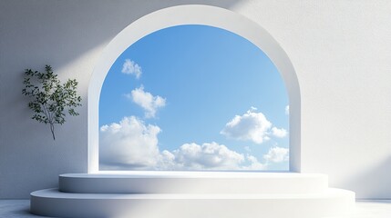 Product display podium stand with white plaster wall and blue sky background