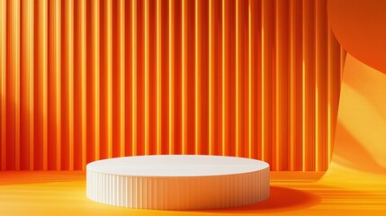 3D orange cylinder podium background with white pedestal in circle window and vertical pattern scene. Minimal mockup product stage showcase, banner promotion display. Abstract vector geometric forms.