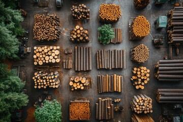 An aerial view of a lumberyard with various stacks of wood.