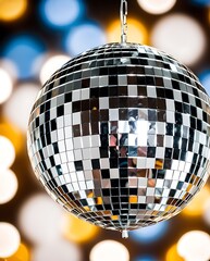 Disco ball, lights and clubbing background for 70s theme new year party, birthday or celebration. Night, bokeh and decor with glitter at nightclub or nightlife for jazz, pop or retro music festival (1