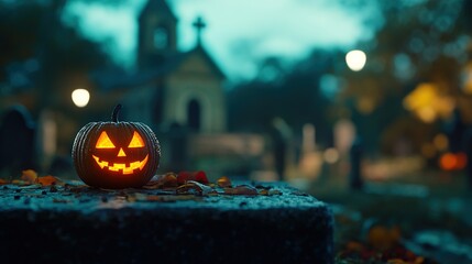 Wall Mural - Halloween pumpkins on dark spooky forest with blue fog in background.