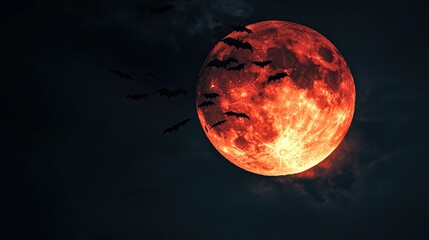 Wall Mural - Halloween, Blood Moon ,Red moon, real full blood moon with bats in black sky with cloud