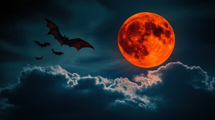 Wall Mural - Halloween, Blood Moon ,Red moon, real full blood moon with bats in black sky with cloud