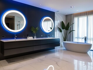 Empty luxurious gray and blue bathroom interior with shiny floor, bathtub, sink, faucet, mirror and window. Modern indoors apartment architecture, nobody in hotel apartment inside (17)