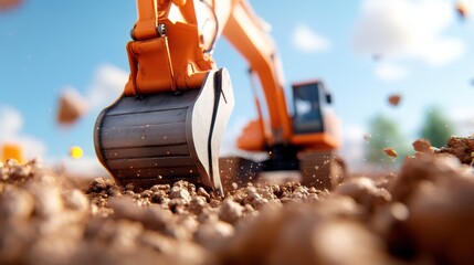 A large-scale excavator vigorously displaces rocks and dirt against a backdrop of vast skies, signifying industriousness and effort in construction environments.