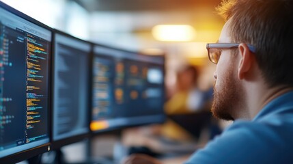 a person focused on writing code at a computer setup with multiple monitors, showcasing concentratio