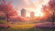 A serene park with blooming cherry trees and apartment buildings in the background, bathed in the warm glow of sunrise.
