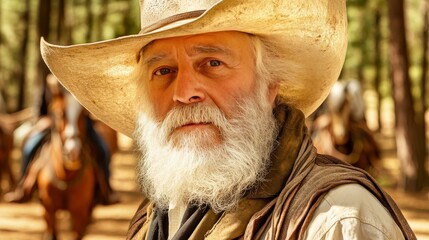 A senior cowboy poses confidently on a horse ranch, reflecting the essence of the Western lifestyle with his traditional attire and strong demeanor, surrounded by horses and rustic ranch elements