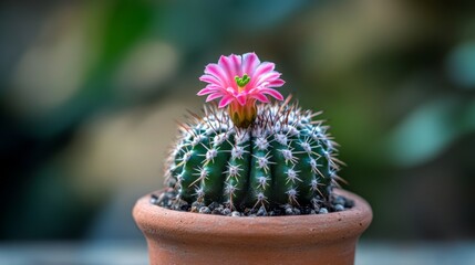 Poster - A Blooming Cactus with Spiky Green Stem and Pink Flower in a Terracotta Pot