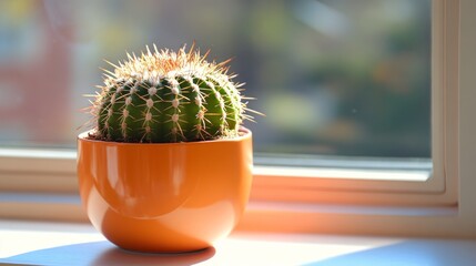 Wall Mural - A Spiky Green Cactus in an Orange Pot on a Window Sill