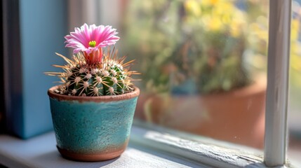 Wall Mural - Blooming Pink Cactus in Teal Pot on Windowsill