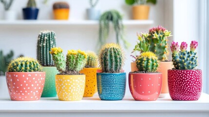 Wall Mural - Colorful Cactus Plants in Dotted Pots on a White Shelf