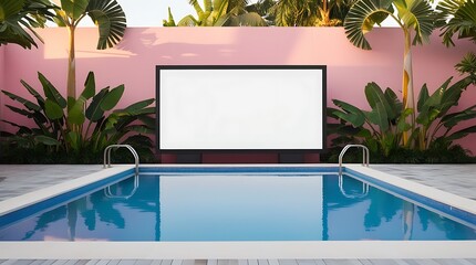 Large wide horizontal white blank billboard sign for advertisements on the edge of swimming pool, tropical environment. Business poster commercial board outdoors, marketing frame mockup for promotion 