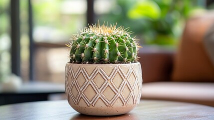 Wall Mural - A Spiky Green Cactus in a Beige Pot with a Geometric Design