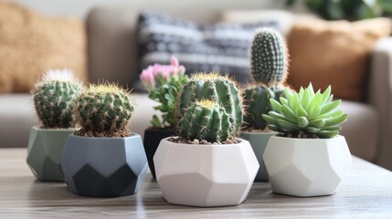 Wall Mural - Assorted Succulents and Cacti in Geometric Pots on a Table