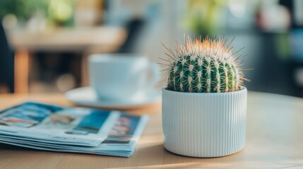 Wall Mural - A Small Cactus in a White Pot on a Table