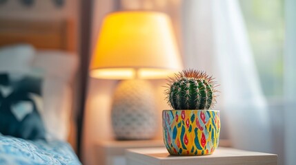 Wall Mural - A Cactus In A Colorful Pot On A Nightstand With A Lamp