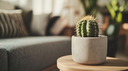 Wall Mural - Closeup of a Cactus Plant in a Concrete Pot on a Wooden Table